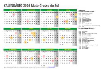 Calendário 2026 Mato Grosso do Sul